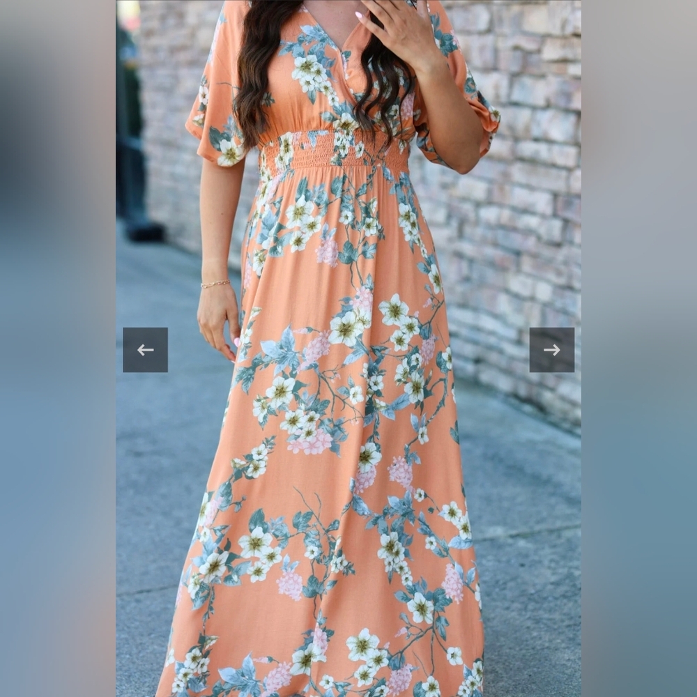 NEW Oddi Peach Floral Maxi Dress with Smocked Bodice, Sz 2XL, NWT